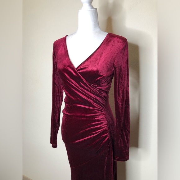 Zaberry Wine Red Velour Velvet Wrap Stretch Mermaid Midi Dress Valentine’s Day - Picture 7 of 14